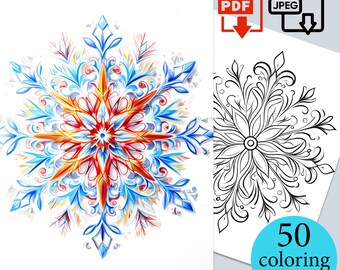 Christmas Snowflake Coloring Book Winter Digital Pages New Year activity sheets Adults Kids holiday Printable mandala PDF JPEG