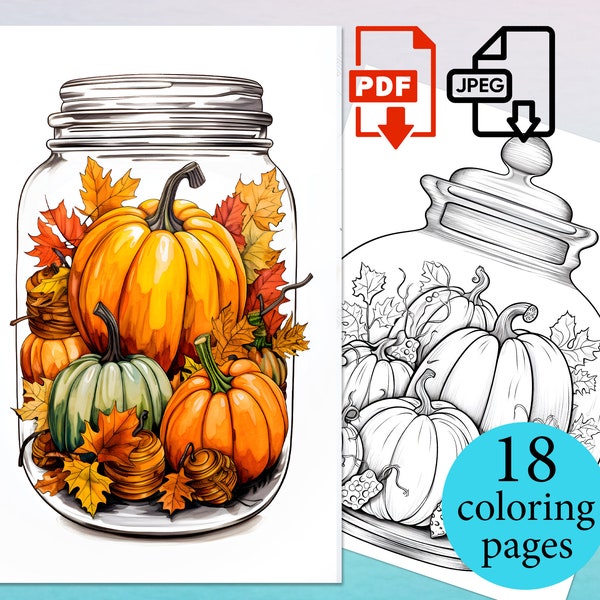 Autumn Pumpkins in Jar Coloring Book Fall activity pages Adults Digital sheets Kids trending Download Printable PDF JPEG