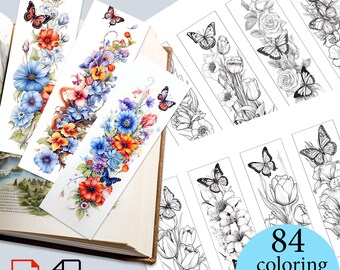Bloemen Vlinders Afdrukbare Kleurplaten Bladwijzers volwassen Digitale download Unieke kleurpagina's cadeau om PDF JPG af te drukken