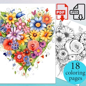 Digital Coloring Pages Flowers Hearts valentines day Adult Kids Book activity sheets Download gift Printable Stress relaxation PDF