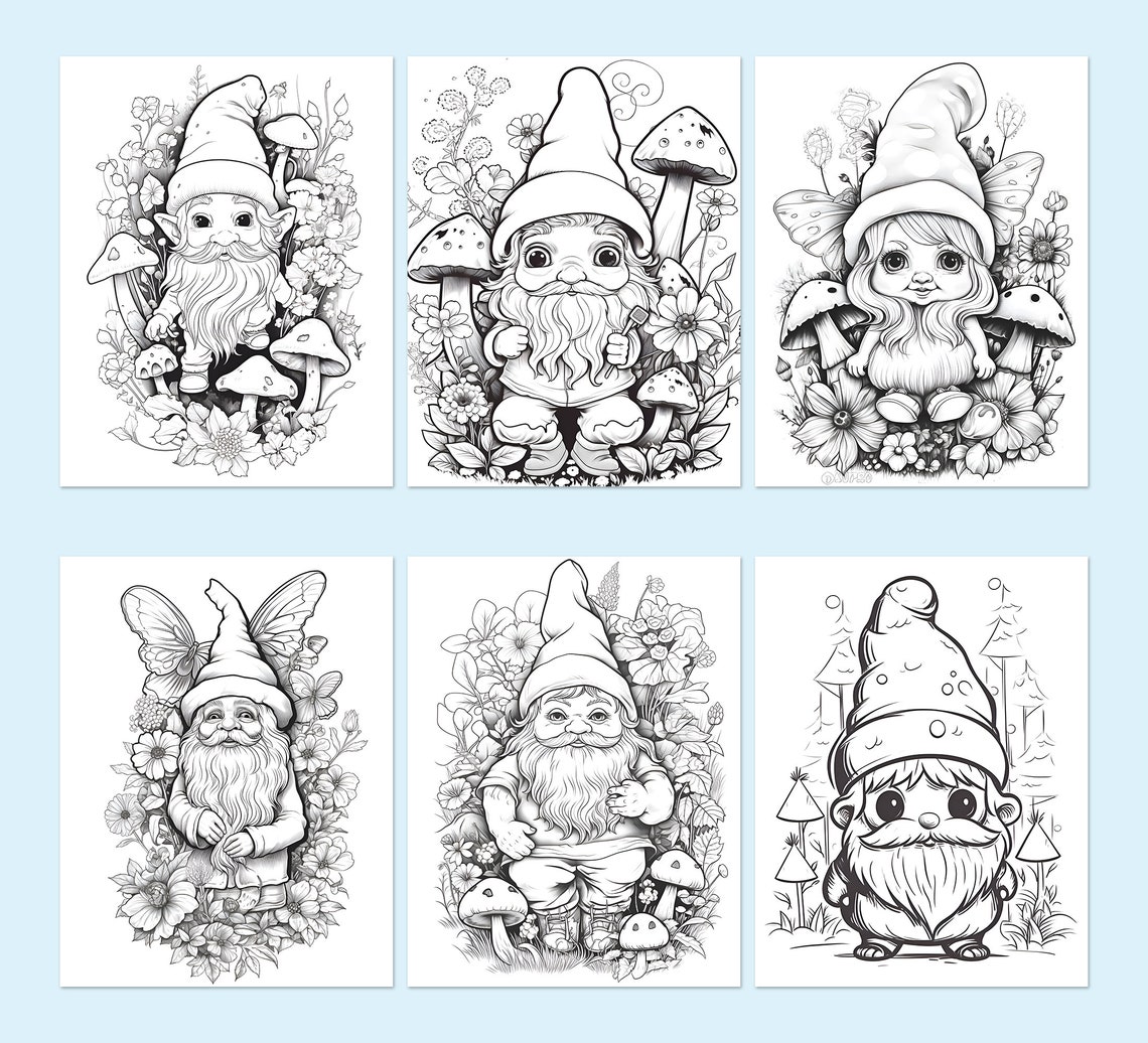 Gnome Coloring Book Adults Kids Activity Pages Coloriage Sheets Instant
