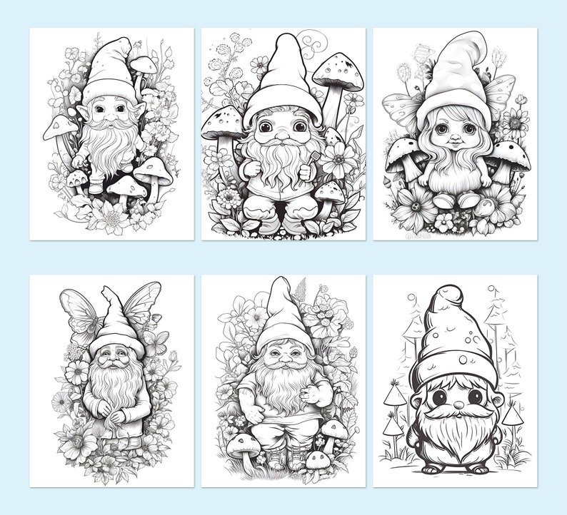 Gnome Coloring Book Adults Kids Activity Pages Coloriage Sheets Instant