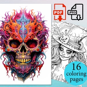 Halloween Pumpkin Coloring Pages Adults Kids Book Skull sheets activity Digital Printable PDF JPEG