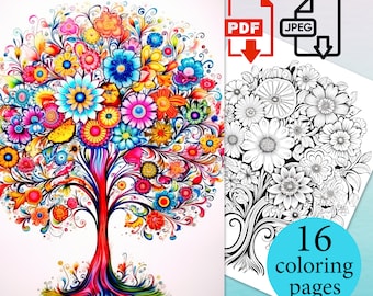 Tree Flowers Coloring Book Floral Pages Adults Kids activity sheets Instant Download Printable PDF JPEG digital