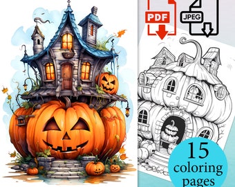 Halloween Pumkins Malseiten Erwachsene Digitale Buch Kinder Fantasie Bilder Druckbare spirituelle magische pdf jpg