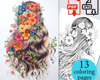 Hair Flower Coloring Book Hairstyles Beautiful girl Lady coloriage pages Adults Kids digital Download Printable PDF JPEG sheets