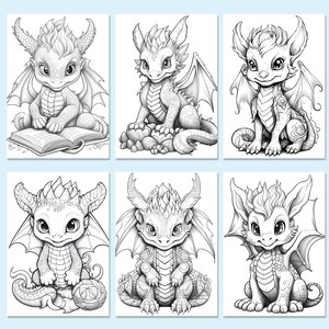 May include: Six black and white illustrations of cute baby dragons in various poses. Each dragon has large eyes, wings, and a spiky tail. The dragons are drawn in a cartoon style.