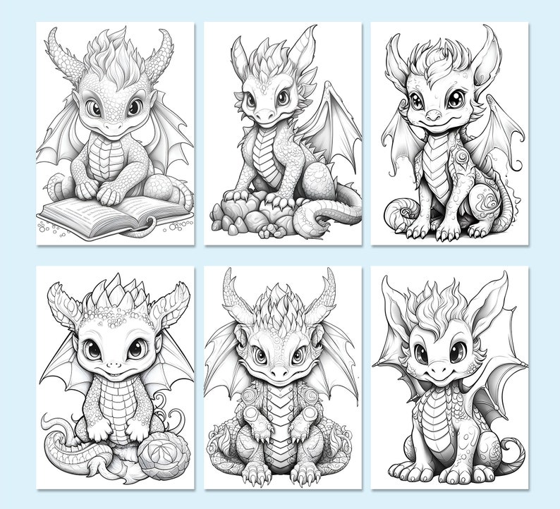 May include: Six black and white illustrations of cute baby dragons in various poses. Each dragon has large eyes, wings, and a spiky tail. The dragons are drawn in a cartoon style.