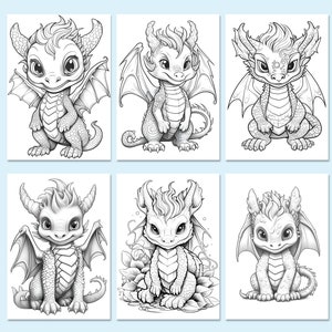 May include: Six black and white line drawings of cute baby dragons with wings. Each dragon is in a different pose and has a unique design.