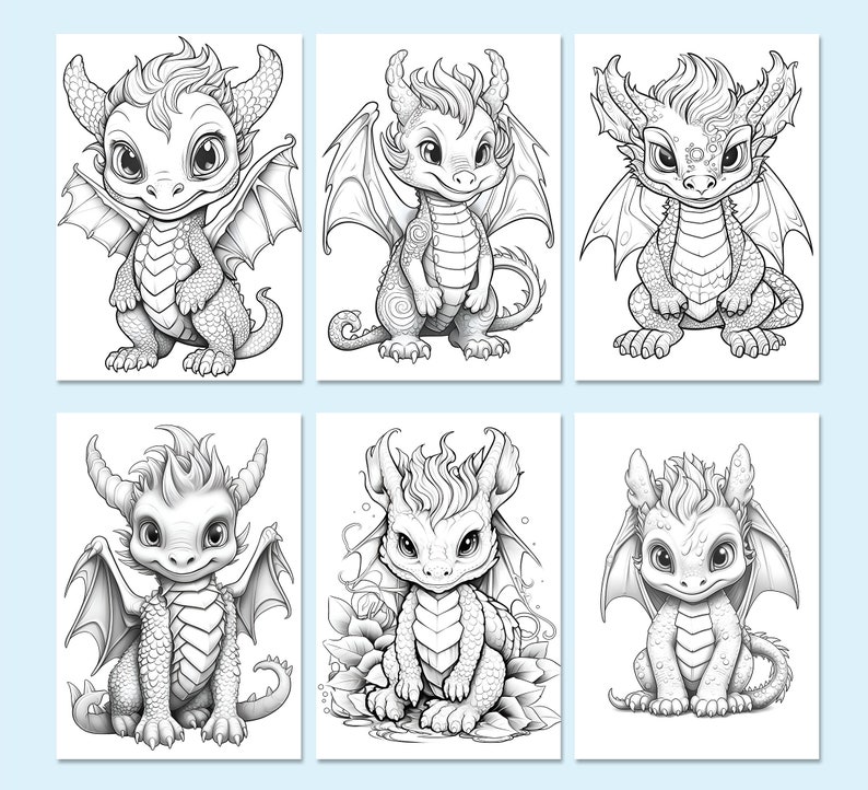 May include: Six black and white line drawings of cute baby dragons with wings. Each dragon is in a different pose and has a unique design.
