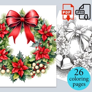 Weihnachtskranz Malbuch Weihnachtsglocken Digitale Seiten Neujahr Aktivität Blätter Erwachsene Kinder Printable PDF JPEG