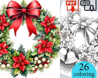 Christmas wreath Coloring Book Christmas Bells Digital Pages New Year activity sheets Adults Kids Printable PDF JPEG