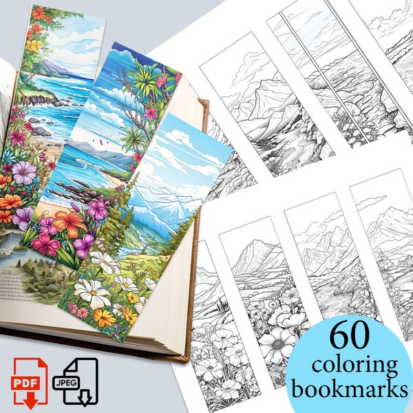 Landscape Printable Coloring Bookmarks adult Digital download Unique coloring pages gift to print PDF JPG