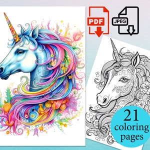 Fantasy Unicorn Coloring Book Adults Kids Instant Download Printable PDF JPEG pages drawing horse digital sheets