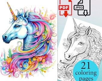 Fantasy Unicorn kleurboek volwassenen kinderen Instant Download afdrukbare PDF JPEG-pagina's tekening paard digitale vellen