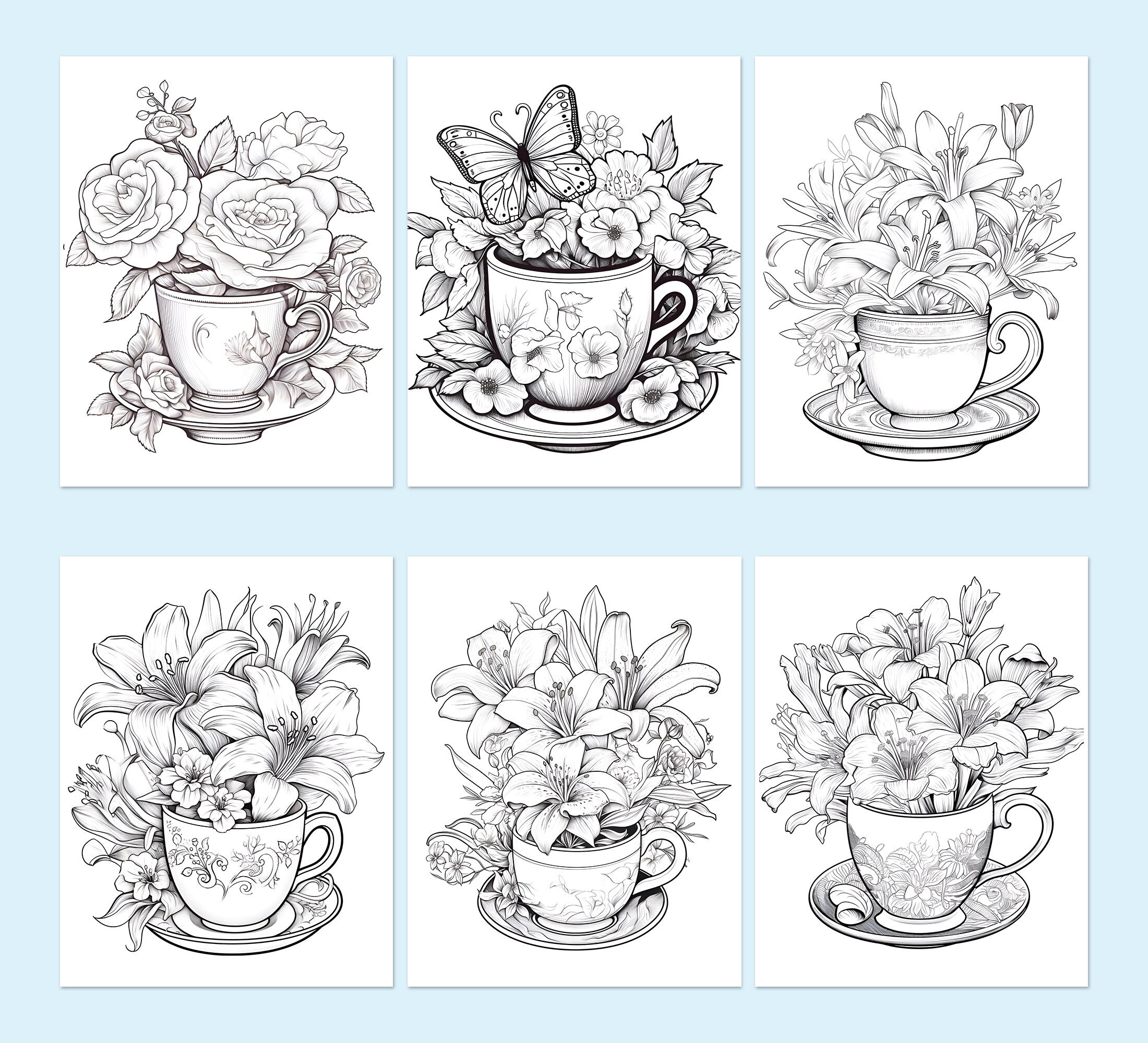 Teacup With Flowers Coloring Book Kids Adult Beautiful Floral Coloriage ...