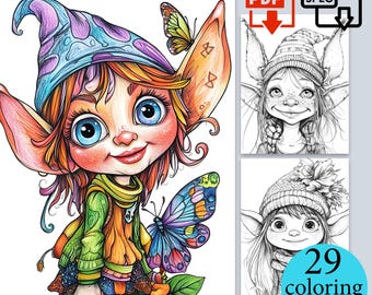 Målarbok för flickor, tomte, vuxna och barn, direkt nedladdning, utskrivbar PDF, JPEG, vackra målarbilder, digitala ark, avslappningsaktivitet, present