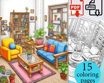 Isometric room Interior Coloring Pages Adult kids digital Books Living room design relaxing activity sheets Printable PDF JPEG