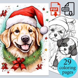 Christmas Dogs Coloring Book Adults Kids pages New Year Digital Coloriage sheets Instant Download Printable relaxing gift PDF JPEG