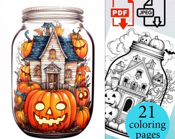 Halloween Kürbis Haus Malbuch Erwachsene Kinder Aktivität Seiten Schädel Blätter Sofortiger Download druckbare PDF JPEG