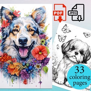 Dogs Coloring Book Adults Kids pages Coloriage sheets Instant Download Printable PDF JPEG
