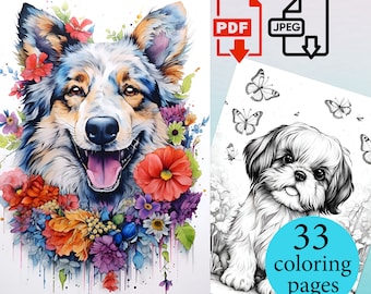 Dogs Coloring Book Adults Kids pages Coloriage sheets Instant Download Printable PDF JPEG