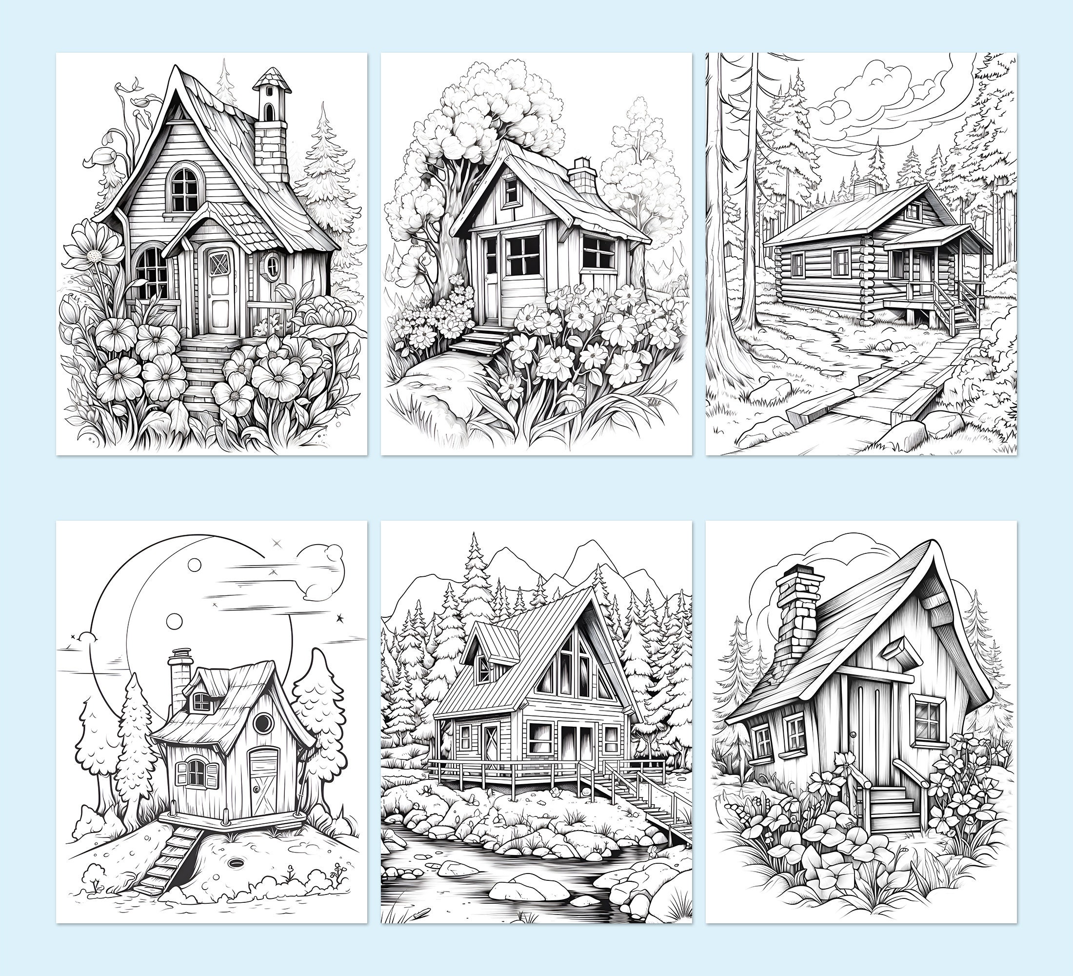 Wooden Cabin in Forest Coloring Pages Book Botanical Adult Activity ...