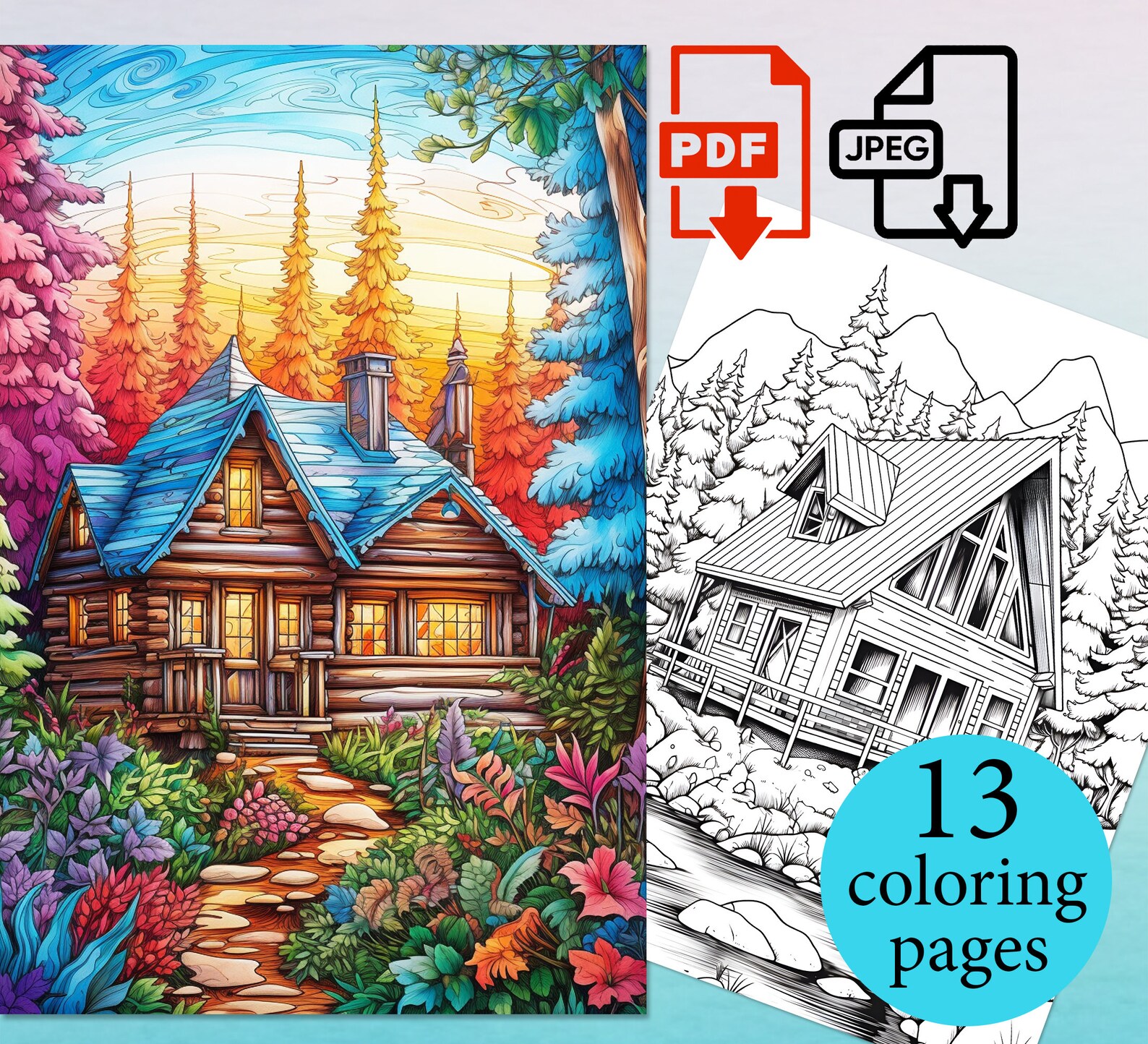 Wooden Cabin in Forest Coloring Pages Book Botanical Adult Activity ...