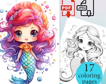 Cute Mermaid Coloring Book Anime pages Coloriage sheets Adults Kids Instant Download Printable activity for kids PDF JPEG