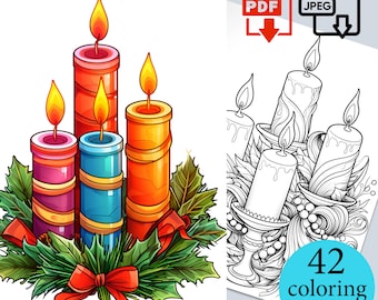 May include: A set of four colorful candles in a wreath of green holly leaves and red ribbon. The candles are red, blue, purple, and orange. The candles are arranged in a circle with the red candle in the center. The wreath is decorated with holly berries and a red bow.