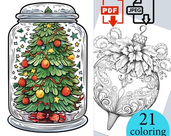 Christmas Bundle Tree Snowman in jar Coloring Book winter Digital Pages New Year activities colouring sheets Adults Kids Printable PDF JPEG