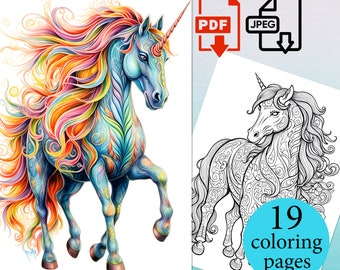 Unicorn Coloring Book Fantasy coloriage pages Adults Kids Instant Download Printable PDF JPEG drawing horse digital sheets