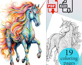 Unicorn Coloring Book Fantasy coloriage pagina's Volwassenen Kinderen Instant Download Afdrukbare PDF JPEG tekening paard digitale vellen