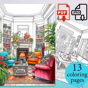 May include: A colorful illustration of a cozy living room with a fireplace, bookshelves, and armchairs. The image includes a PDF and JPEG download icon, and a page with the text "13 coloring pages". The room is filled with plants and vibrant colors.