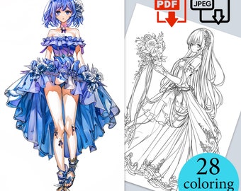 ドレスを着たかわいいアニメの女の子の塗り絵の本のデジタル美しいシートファンタジーカラー大人子供ダウンロード印刷可能なPDF JPEGギフト