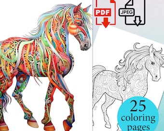 Horse Coloring Book Coloriage Pages Adults Kids Instant Download Printable PDF JPEG drawing digital sheets