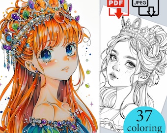 Anime Princess Coloring Pages Girl Digital Book Beautiful sheets Fantasy coloriage Adults Kids instant Download Printable PDF JPEG