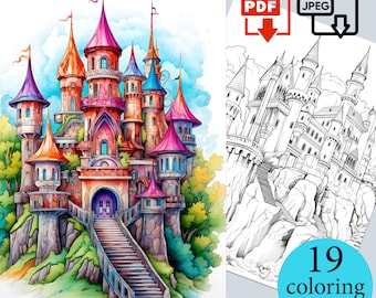 Old Castle Coloring Book Digital Pages Adults Kids activity sheets Instant Download Printable relaxing gift PDF JPEG