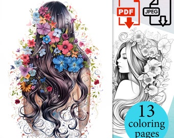 Lady Hair Flower Coloring Book Hairstyles Beautiful girl coloriage pages Adults Kids Instant Download Printable PDF JPEG sheets