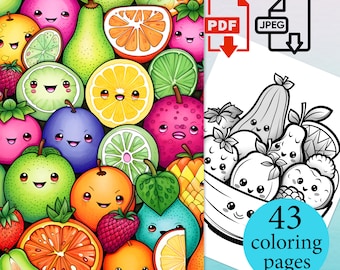 Kawaii Fruits Coloring Book Kids Activity Pages Toddler sheets Instant Download Printable PDF JPEG Coloriage