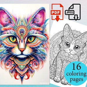 Cats Mandala Coloring Book Adults Kids pages Coloriage sheets Instant Download Printable PDF JPEG
