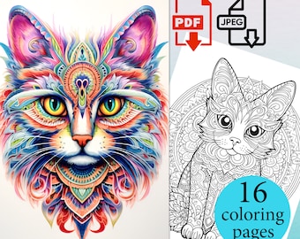 Cats Mandala Coloring Book Adults Kids pages Coloriage sheets Instant Download Printable PDF JPEG