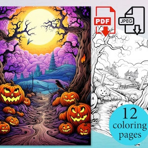 Libro da colorare paesaggio zucca di Halloween Pagine per bambini Fogli digitali per attività per adulti Download immediato PDF stampabile JPEG