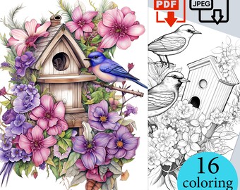 Garden Bird Houses and Flowers Coloring Book Adults Kids relaxation activity pages Digital sheets Printable hd PDF JPEG