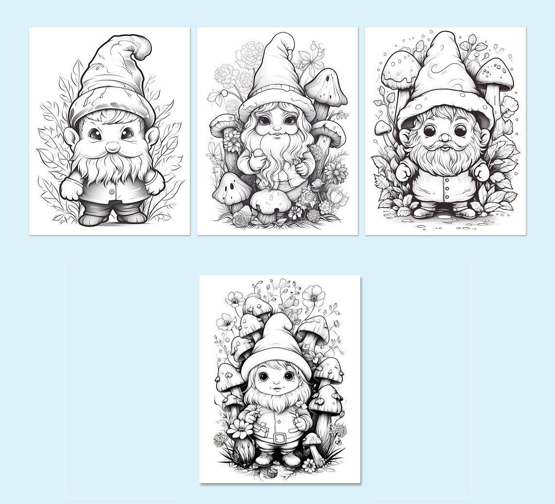 Gnome Coloring Book Adults Kids Activity Pages Coloriage Sheets Instant