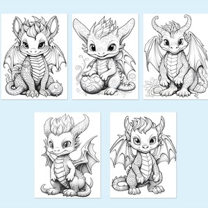 May include: Five black and white line drawings of cute baby dragons. Each dragon has a different pose and expression. The dragons are all facing forward and have wings, horns, and tails.