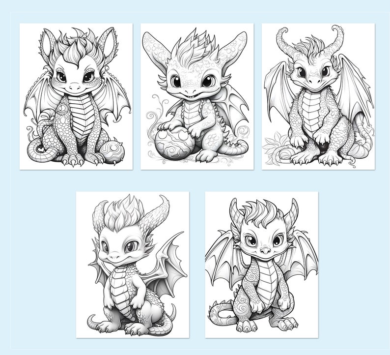 May include: Five black and white line drawings of cute baby dragons. Each dragon has a different pose and expression. The dragons are all facing forward and have wings, horns, and tails.