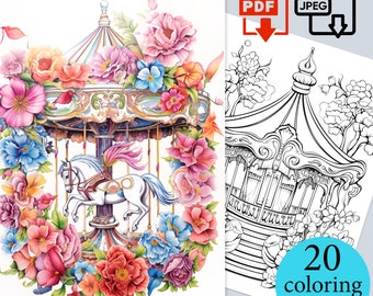 May include: A coloring page featuring a carousel horse surrounded by colorful flowers. The carousel is decorated with intricate details and the horse is white with a pink mane and tail. The flowers are a variety of colors, including pink, red, blue, and yellow. The coloring page is part of a set of 20 pages.