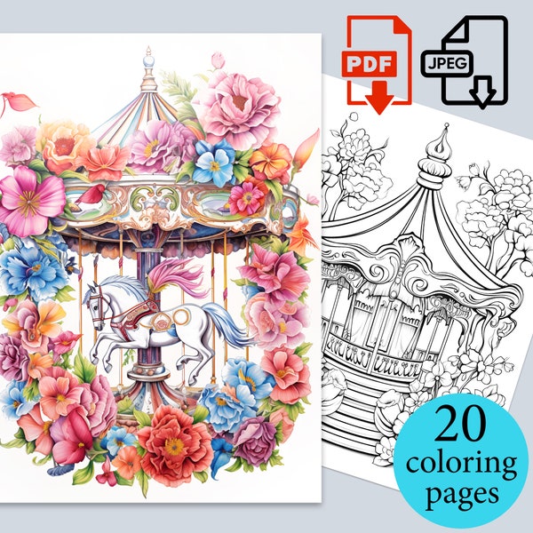 Carrousel de fleurs, cheval, pages à colorier numériques, adultes, enfants, livre floral, feuilles d'activités, téléchargement imprimable, relaxation stress, PDF