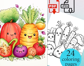 May include: A set of 24 coloring pages featuring cute cartoon vegetables with smiling faces. The vegetables include a pumpkin, carrot, tomato, broccoli, onion, and peppers.